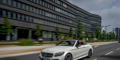 The 2019 Mercedes-Benz C300 cabriolet looks good with the top up, great with it down. The fabric top raises and lowers quickly, stowing itself beneath a pop-up hatch just ahead of the trunk.