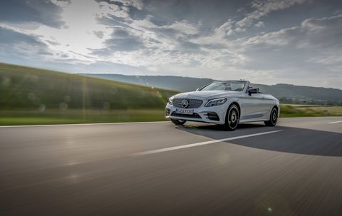 The 2019 Mercedes-Benz C300 cabriolet looks good with the top up, great with it down. The fabric top raises and lowers quickly, stowing itself beneath a pop-up hatch just ahead of the trunk.