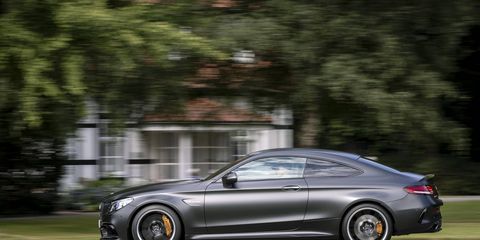 The Mercedes-AMG C 63 gets a mid-cycle facelift along with a SPEEDSHIFT MCT 9G nine-speed automatic transmission, electronically controlled rear-axle differential, and nine-stage AMG traction control (the latter in the C 63 S) . This is the coupe. We in the U.S. also get a sedan and a cabriolet. The Europeans get a wagon. Or vah-gun.