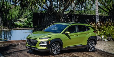 The 2018 Hyundai Kona small crossover is all-new this year; it's powered by a choice of 1.6-liter turbo I4 or 2-liter naturally aspirated I4, with FWD and AWD models available.
