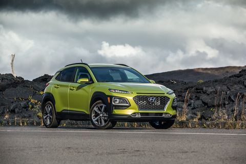 The 2018 Hyundai Kona small crossover is all-new this year; it's powered by a choice of 1.6-liter turbo I4 or 2-liter naturally aspirated I4, with FWD and AWD models available.