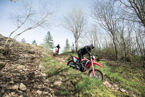 The new CRF450L is a dirt bike you can ride on the street, a so-called dual sport. It's powered by a 450cc single cylinder that moves the bike's 289 pounds up any trail you aim it at.