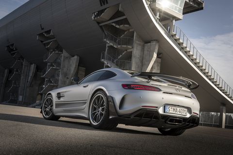 The 2020 Mercedes AMG GT R Pro in a slightly less conspicuous silver paint