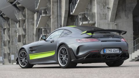 The 2020 Mercedes AMG GT R Pro in grey with a green racing stripe, subtle and loud all at once