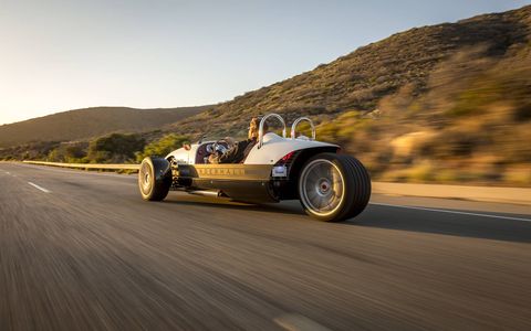Look: it has three wheels! The Vanderhall Venice also has a GM drivetrain with a 180-hp 1.4-liter turbo four. Unlike some three-wheelers, the engine powers the front wheels, which makes it stable but perhaps less fun than tail-happy rear-driver three-wheelers.