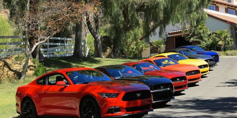 A rainbow of Ford Mustangs.