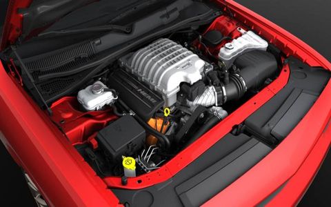 Under the hood of the 2015 Dodge Challenger SRT Hellcat is a supercharged 6.2-liter V8 backed with an eight-speed automatic.