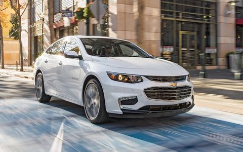 The Chevy Malibu comes with either a 1.5- or 2.0-liter turbo four. The hybrid gets a 1.8-liter with electric help.