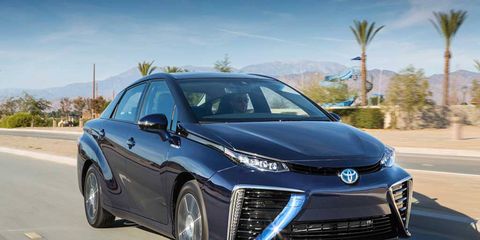 The Toyota Mirai can go 300 miles on a tank of hydrogen, Toyota claims.