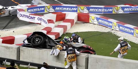 Pascal Wehrlein still hasn't fully recovered from this Race of Champions crash in a Polaris Slingshot SLR.