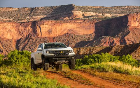 The 2017 Chevy Colorado ZR2's diesel makes 181 hp and 369 lb-ft of torque while returning 20 mpg in the city and 28 mpg on the highway.