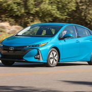 The Prius Prime is a plug-in hybrid version of the Toyota Prius that can go 25 miles on a charge thanks to a bigger, much bigger, 8.8-kWh battery. It achieves 55 mpg city, 53 highway and 54 combined, for a total range of 640 miles. Still looks like and drives like a Prius, though. You can't have everything.