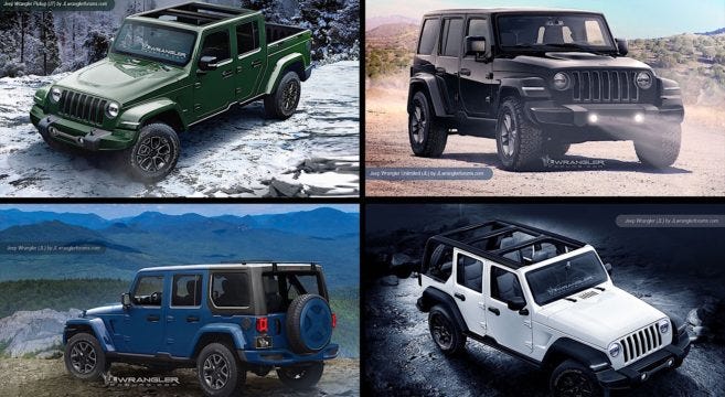 2018 Jeep Wrangler renderings show fog lights, pickup version and roof  panels