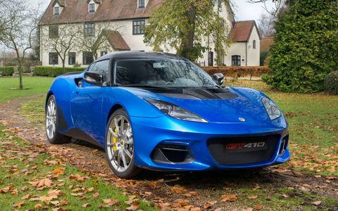 The Lotus Evora GT410 Sport comes with a 3.5-liter V6 making 410 hp and 310 lb-ft of torque.