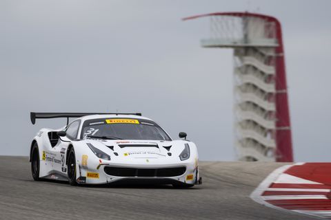The Ferrari 488 GT3 on track at the Circuit of the Americas during the first race weekend of the 2018 Pirelli World Challenge SprintX series