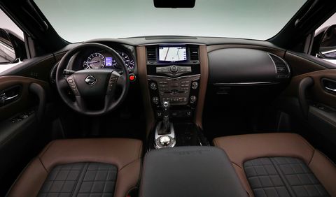 The 2019 Nissan Armada Platinum Reserve gets all of the upgrades inside including accent stitching, wood and leather, and seat inserts for style.