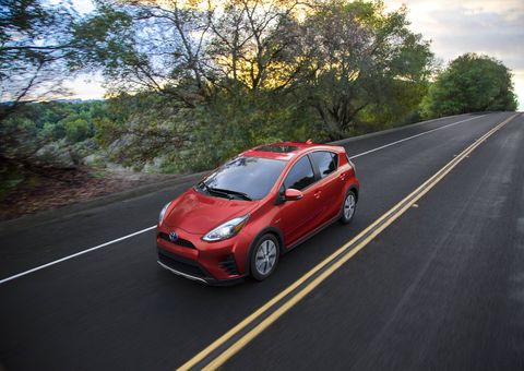 The 2018 Toyota Prius C returns 48 mpg in the city with a teeny 1.5-liter four and electric motor.
