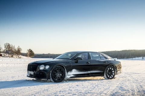 The 2020 Bentley Flying Spur showing off its new athletic stance against the white Sweden snow. It's March 2nd 2019.
