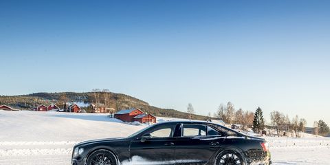 The 2020 Bentley Flying Spur showing off its new athletic stance against the white Sweden snow. It's March 2nd 2019.
