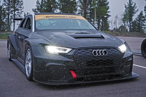 Audi S3 with 500 horsepower and front-wheel-drive prepped by Bluewater Performance and driving by Robb Holland for the 97th running of the Pikes Peak Internation Hill Climb
