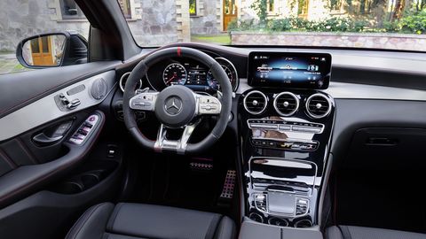 The 2020 Mercedes-AMG GLC 43's interior shouldn't be a big surprise: it carries over the styling and materials from the rest of the GLC lineup. All that means: it's good.&nbsp;

