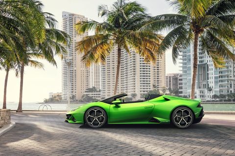 2020 Lamborghini Huracan Evo Spyder cruising Miami. Suddenly, everybody wants to be your friend.
