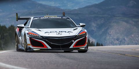 Engineers at Honda racing up the mountain.&nbsp;Steve Olona driving a modified RDX, Jordan Guitar, a modified hybrid&nbsp;MDX, Nick Robinson in a production NSX and borther James in a modified NSX
