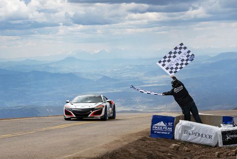 Engineers at Honda racing up the mountain.&nbsp;Steve Olona driving a modified RDX, Jordan Guitar, a modified hybrid&nbsp;MDX, Nick Robinson in a production NSX and borther James in a modified NSX
