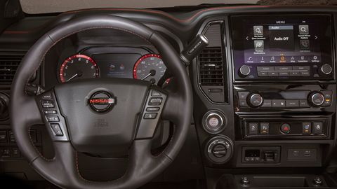 The 2020 Nissan Titan interior gets an optional nine-inch touchscreen and standard Apple CarPlay and Android Auto.
