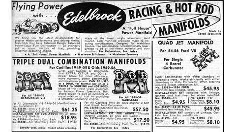 In 1959, you could buy a multi-carburetor intake manifold for just about any American-made engine from Warshawsky &amp; Company (which became J.C. Whitney soon after).
