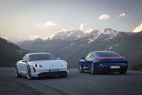 This is our first look at the 2020 Porsche Taycan Turbo and the range-topping Taycan Turbo S. The former is shown in blue; the latter is in white.
