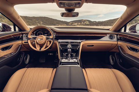 The interior of the 2020 Bentley Flying Spur luxury sedan.
