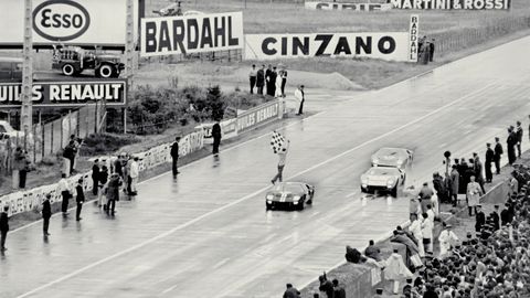 Here's another shot of the Ford GT40s ahead of their photo finish at the 1966 race.
