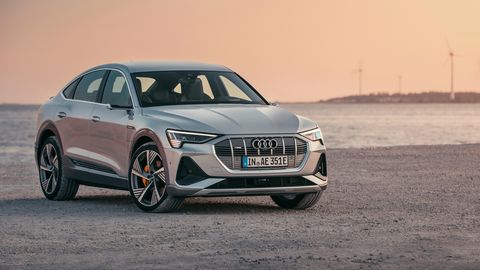 The 2020 Audi E-tron Sportback uses the same powertrain as the E-tron crossover but gets a slightly greater range due to the lower coefficient of drag.
