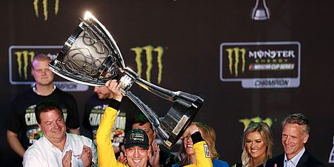 <span id="CT_Main_1_cache_lblCaption">Kyle Busch, driver of the #18 M&amp;M's Toyota, celebrates in victory lane after winning the Monster Energy NASCAR Cup Series Championship and the Monster Energy NASCAR Cup Series Ford EcoBoost 400 at Homestead Speedway on November 17, 2019 in Homestead, Florida.</span>
