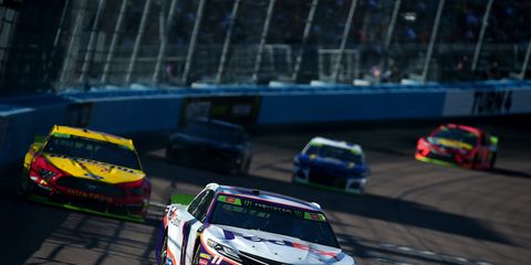 <span id="CT_Main_1_cache_lblCaption">Denny Hamlin, driver of the #11 FedEx Ground Toyota, races during the Monster Energy NASCAR Cup Series Bluegreen Vacations 500 at ISM Raceway on November 10, 2019 in Avondale, Arizona.</span>

