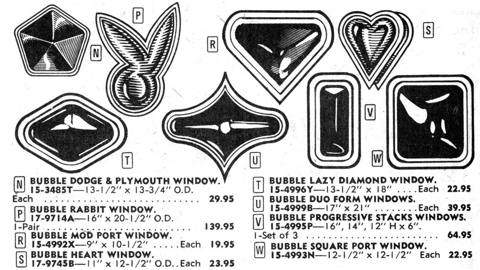 It must have been hard to choose between the Playboy Bunny window and the Chrysler Pentastar window.
