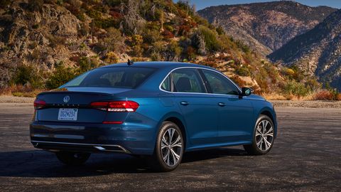 The 2020 Volkswagen Passat's 18-inch wheels and tires provide good grip on curvy mountain roads.
