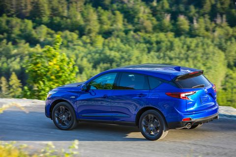 The 2019 Acura RDX, at least in our tester's mid-level A-Spec trim, has proved itself to be an engaging driver -- especially for a practical compact crossover. It's powered by a 272-hp turbocharged inline-four good enough to make you forget about wanting a V6. The car shown is painted apex blue pearl; our tester, painted white, is equally striking.