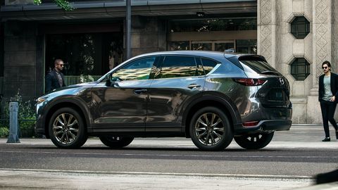 The 2019 Mazda CX-5 offers either a 2.5-liter four making 187 hp or a 2.5-liter turbo four making 250 hp.
