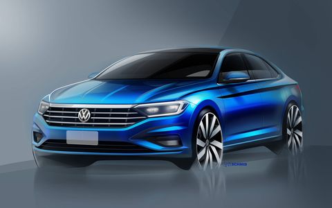 The 2019 Volkswagen Jetta will adopt a coupe-like profile and sharp beltline crease in its new design, expected to be shown at the Detroit auto show in January 2018.