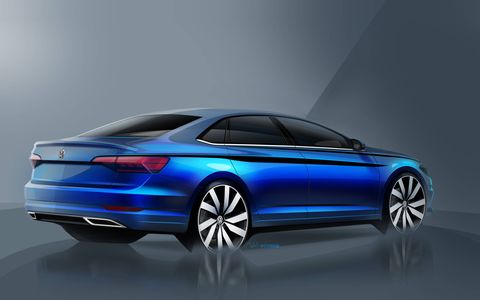 The 2019 Volkswagen Jetta will adopt a coupe-like profile and sharp beltline crease in its new design, expected to be shown at the Detroit auto show in January 2018.