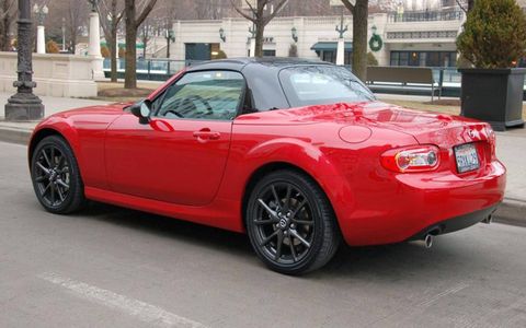 You can spot the 2012 Mazda MX-5 Special Edition by its contrasting black folding hard top.