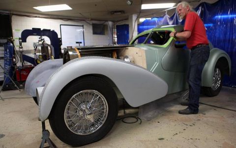 A view of the magnesium-bodied 1935 Bugatti Aerolithe re-creation in the shop of the Guild of Automotive Restorers.