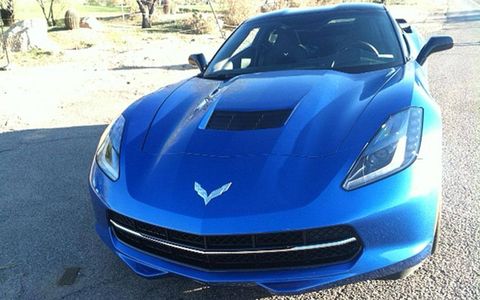 A front view of the 2014 Corvette Stingray in Laguna blue.