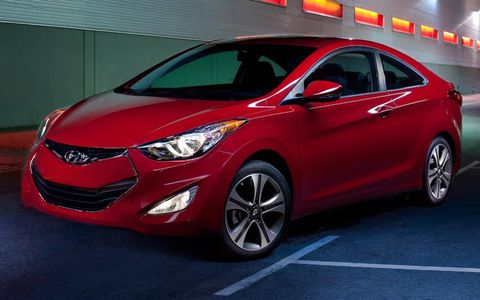 The four-cylinder engine in the Hyundai Elantra coupe is rated at 148 hp.