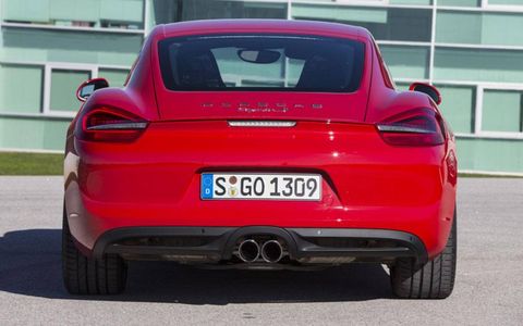 A view of the rear of the 2014 Porsche Cayman S.