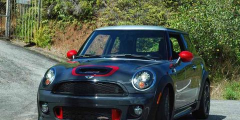GP graphics are placed on the hood and lower door panels of the 2013 Mini John Cooper Works GP.