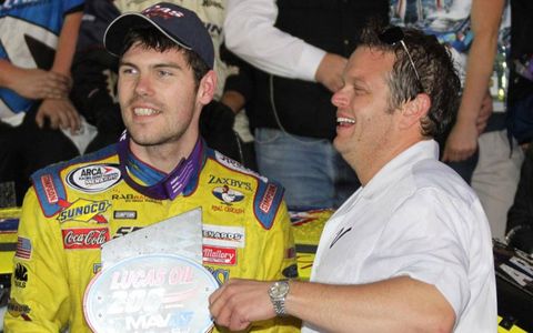 John Wes Townley, left, celebrates his win in victory lane at Daytona International Speedway on Saturday.