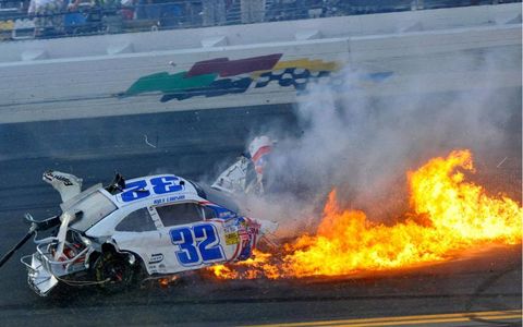 Kyle Larson's car bursts into flames on the front stretch on the last lap of the Nationwide Series race at Daytona on Saturday.